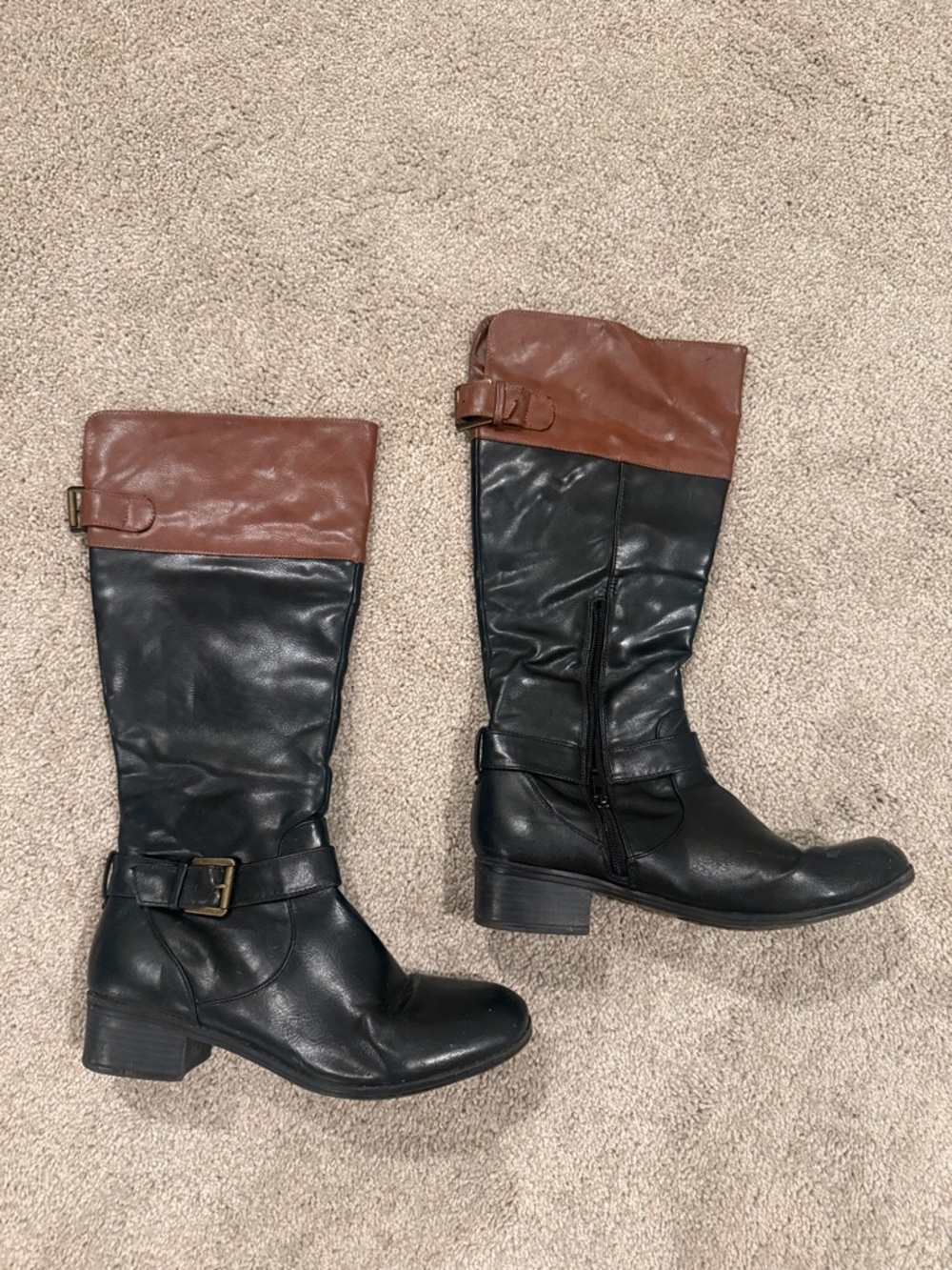 Women's Two-Tone Black and Brown Mid-Calf Riding Boots